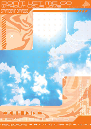 Graphic design of a background with a mix of frutiger aero and Y2K. Uses an orange color scheme with waves, music player icons, sparkles and shapes, and a sleek font. Made in Illustrator and Photoshop. -Wolfman