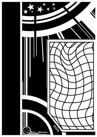Graphic design of a New Wave-esque background. Uses a black and white color scheme with circles, stars, and wavy lines within a hard-edged geometric shape. Made in Illustrator. -Wolfman