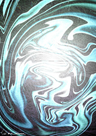 Graphic design of a glitchcore-inspired background. Uses a black, white, and teal color scheme with air-sprayed lines smeared and warped, a bright white center, and several displaced lines made using a custom pen. Made in Photoshop. -Wolfman