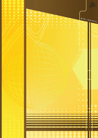 Graphic design of a Y2K-inspired simple geometric background. Uses a yellow and brown color scheme with lines, halftones, curves, shapes, and an internet globe icon. Made in Illustrator. -Wolfman