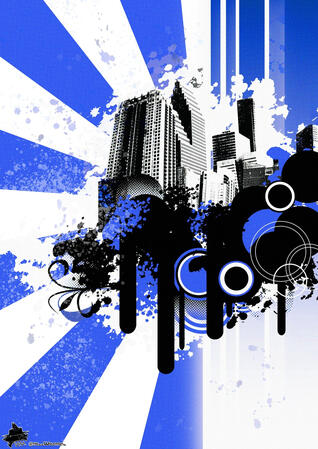 Graphic design of a frutiger metro-inspired background. Uses a black, white and blue color scheme with circles, spray paint, and halftones in front of a stencil image of a city. Made in Illustrator and Photoshop. -Wolfman