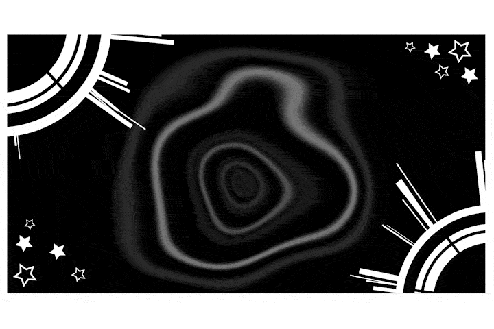 Simple motion graphic animation of a black and white background with swirling circles, circles going clockwise and counterclockwise, and stars. For use as background in videos (TBA). Made in After Effects. -Wolfman