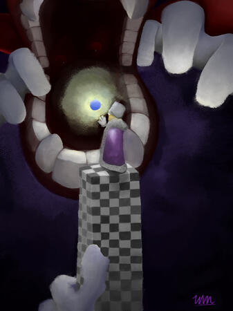 The Amazing Digital Circus digital painting fanart. Kinger is standing alone on a checkered pillar wearing a bucket with a hand stretched out with a blue ball AI glowing. Caine in a surreal horror form is appearing to close in on him with giant hands and r