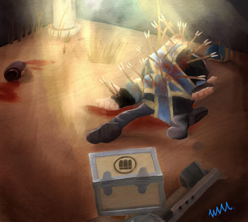 Digital oil painting style of Heavy TF2 laying on the ground, dead, arms open, his corpse pelted with huntsman arrows. Blood has run down his body where the arrows pierced and have dried, stained on his clothes. A heavenly light casts down from above. Made
