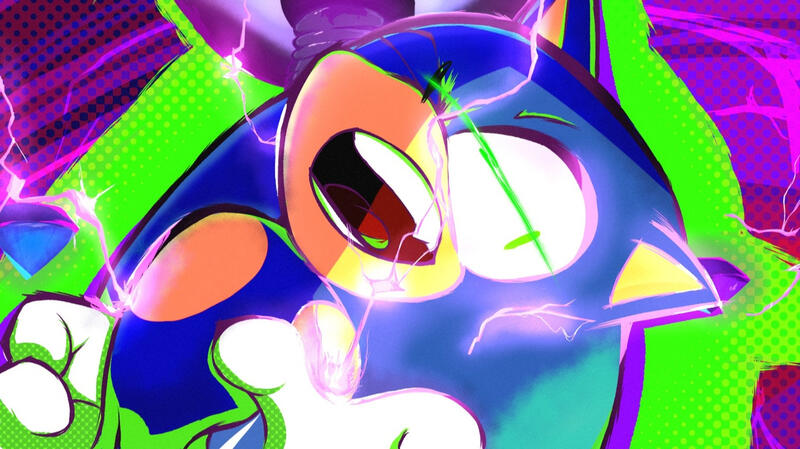 Digital edge pop-styled fanart redraw of a scene from Sonic Unleashed's opening. Sonic is shouting in pain towards the camera, the color scheme is bright with lots of neon colors, halftones, and other small effects. Made in CSP. -Wolfman