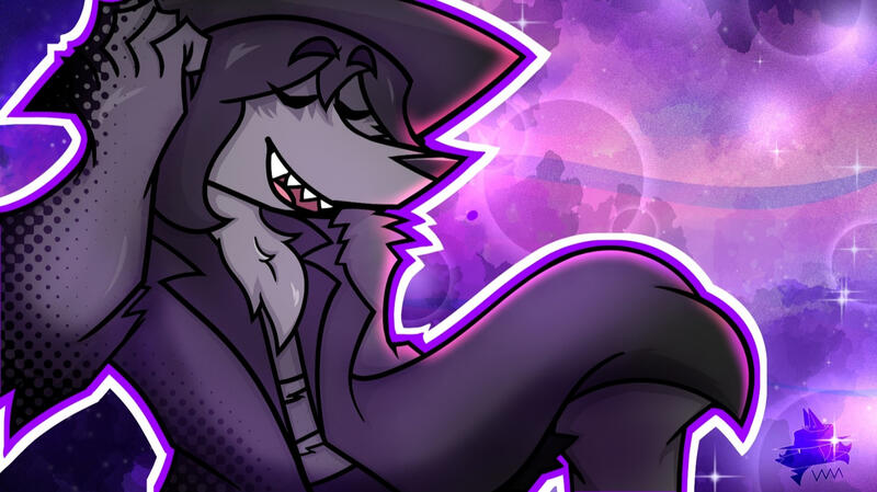 Digital edge pop-style art of character Wolfman (in his werewolf form) floating in space against a galaxy background, smiling in bliss as he appears to be listening to music. Purple color scheme. Made in CSP. -Wolfman