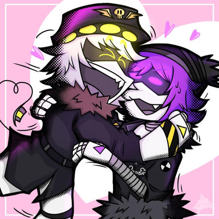 Digital edge pop-styled fanart illustration of N and Uzi from Murder Drones against a bright pink background in celebration of Valentine's Day. N is embracing Uzi, who is surprised and a bit flustered. Includes effects like halftones, airbrush glows, gauze