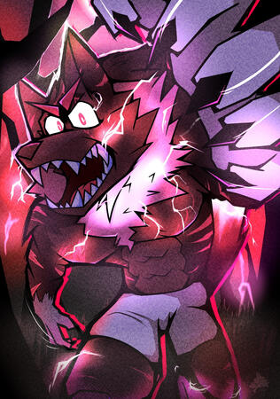 Digital edge pop-styled DTIYS art illustration of a werewolf character owned by @KyluxWolf (Bsky), running and clawing towards the camera with hints of magenta in the fur and eyes against a black wood forest background. Emitting faint lightning and has a s