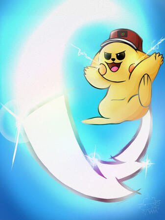 Digital fanart illustration of Pikachu wearing Ash Ketchum's hat (Journeys) against a blue background using iron tail, the tail glowing white and having a small rainbow tint with some glairs in it while Pikachu emits small lightning from his cheeks. Made i