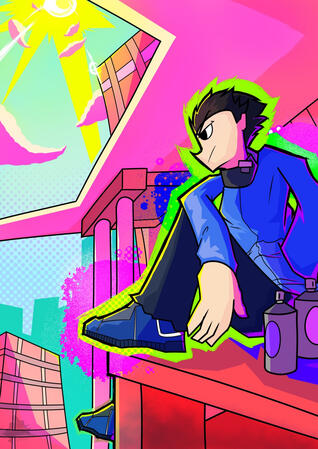 Digital edge pop-styled art illustration of a character in a blue hoodie, jeans, and sneakers on top of a rooftop overlooking a bright city in the afternoon; there are spray cans next to him as he sits under an overpass. Color scheme includes bright neons